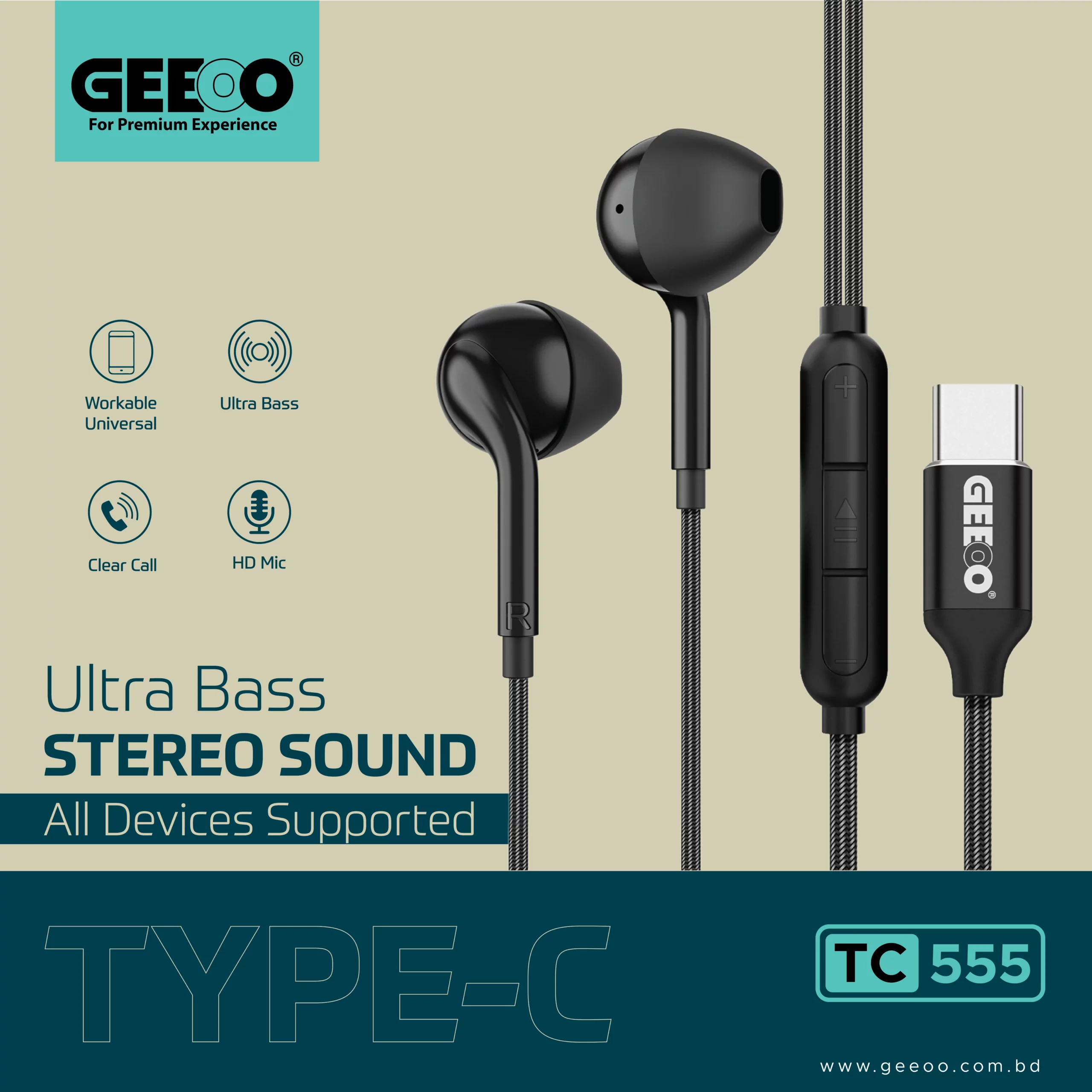 GEEOO TC-555 Type-C Wired Earphones in Bangladesh