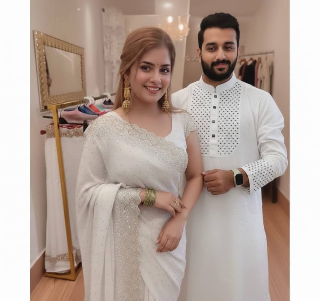 Original China Stitch Sequence Work Panjabi & Pure Georgette Stone Work Saree Combo (white premium )