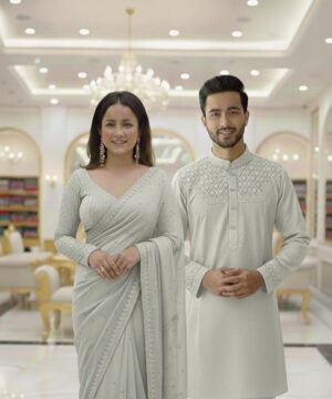 Original China Stitch Sequence Work Panjabi & Pure Georgette Stone Work Saree Combo (off-white Color)