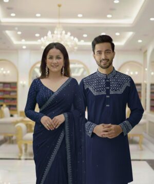 Original China Stitch Sequence Work Panjabi & Pure Georgette Stone Work Saree Combo (Navy Blue Color)