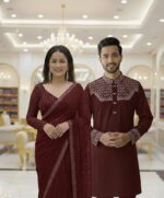 Original China Stitch Sequence Work Panjabi & Pure Georgette Stone Work Saree Combo (maroon color)