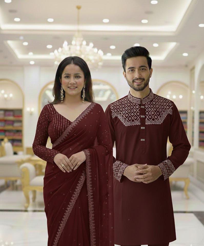 Original China Stitch Sequence Work Panjabi & Pure Georgette Stone Work Saree Combo (maroon color)