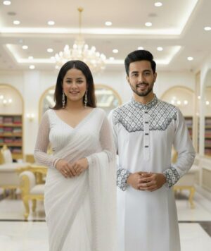 Original China Stitch Sequence Work Panjabi & Pure Georgette Stone Work Saree Combo (white colour)