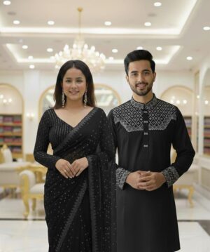 Original China Stitch Sequence Work Panjabi & Pure Georgette Stone Work Saree Combo (Black color)