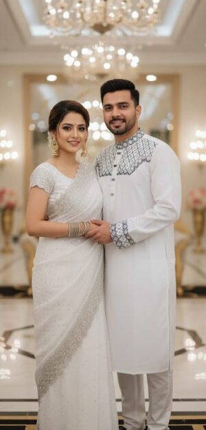 Original China Stitch Sequence Work Panjabi & Pure Georgette Stone Work Saree Combo (white premium )